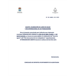 COMUNICADO GIMNASIO MUNICIPAL (CELEBRACIÓN DE LUNES DE AGUAS Y DÍA INTERNACIONAL DE LOS TRABAJADORES)