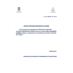COMUNICADO GIMNASIO MUNICIPAL FESTIVIDAD DE LA ASUNCIÓN DE LA VIRGEN
